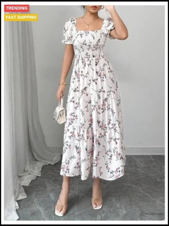 Floral Puff Sleeve Square Neck Smocked Tiered Ruffle Midi Dress - Picture 3 of 6